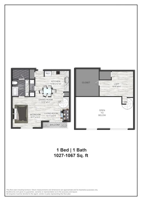 Floor plan for 1 bed, 1 bath, 1067 sqft